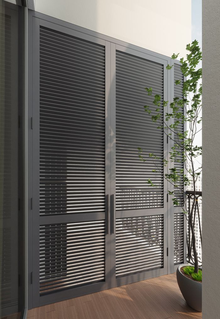 Elegant modern balcony with sleek glass doors and minimalist design elements.